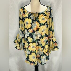 CHAPS Floral Print Top Bell Ruffle Sleeve Peasant Off The Shoulder Blouse
